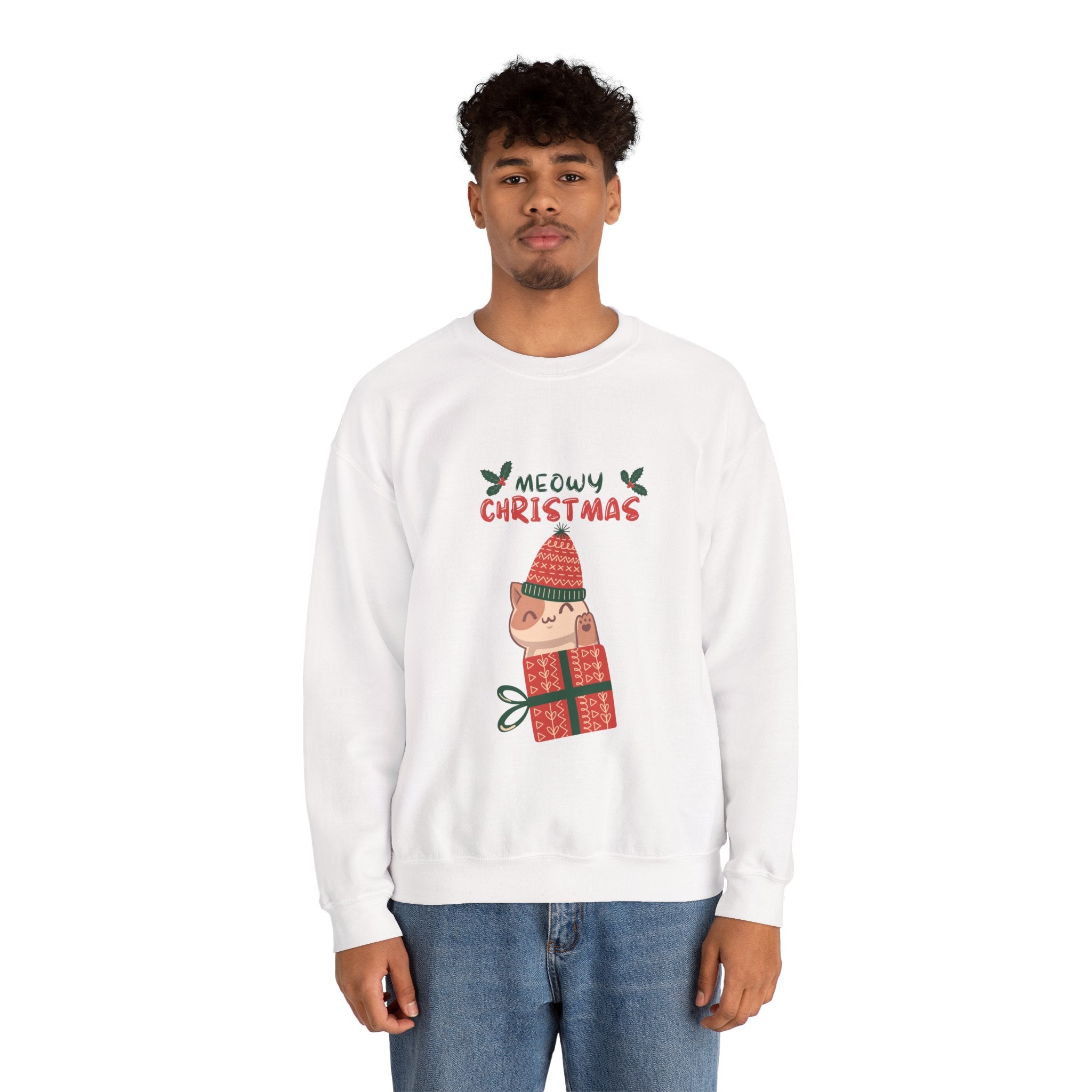 Meowy Christmas Sweatshirt — Cute Cat in Gift Holiday Crewneck